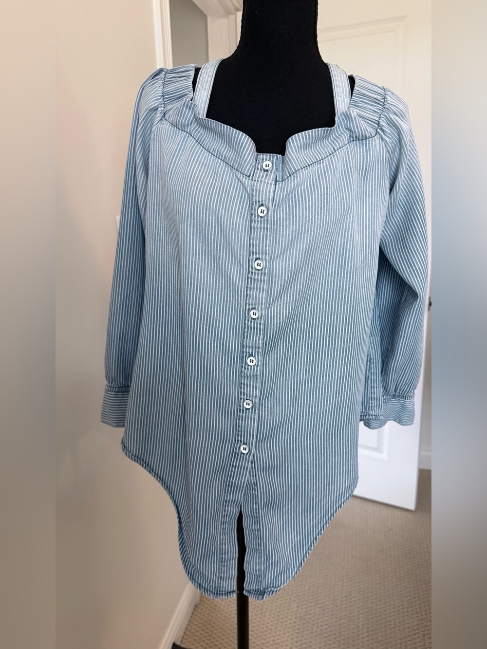 Tribal Light Blue & White Striped Button-Down Top
